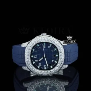 Patik Philippe Nautilus Blue Dial Rubber Strap Semi Iced Out Diamond Watch