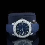 Blue Dial Standard Numerals Semi Iced Out Blue Rubber Strap Moissanite Watch Close Up Front View