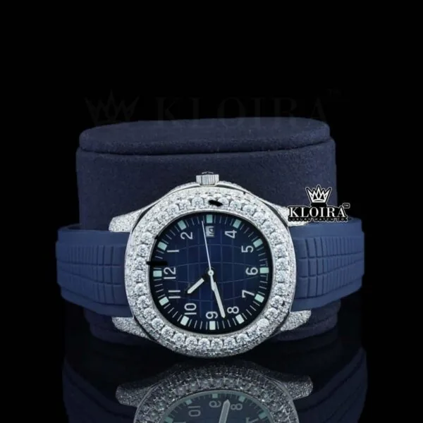 Blue Dial Standard Numerals Semi Iced Out Blue Rubber Strap Moissanite Watch Close Up Front View