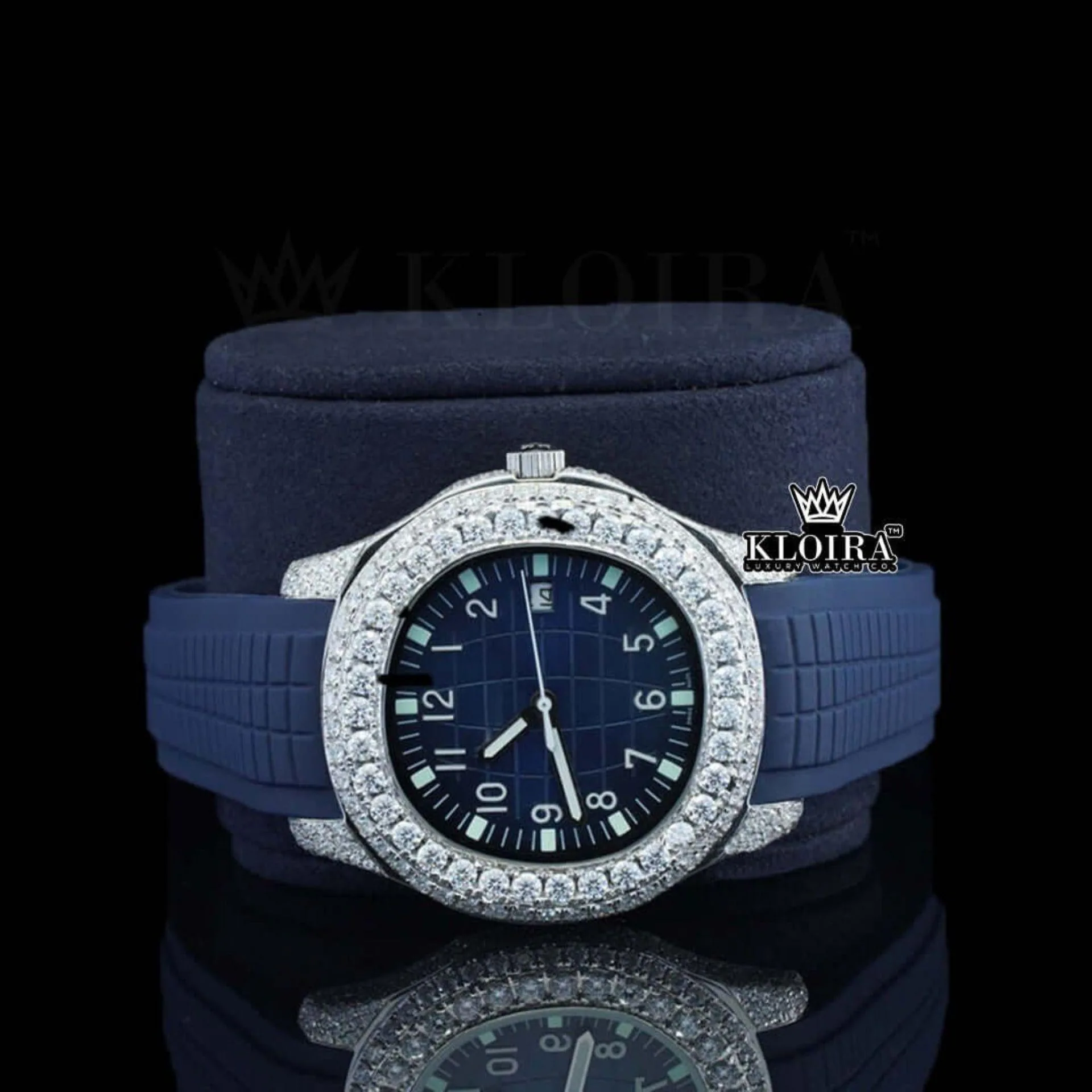 Blue Dial Standard Numerals Semi Iced Out Blue Rubber Strap Moissanite Watch Close Up Front View