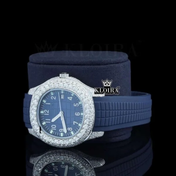Blue Dial Standard Numerals Semi Iced Out Blue Rubber Strap Moissanite Watch Left Profile View