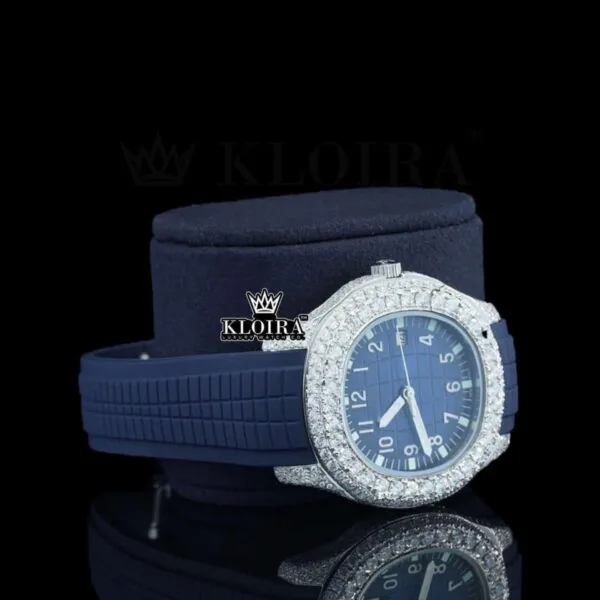 Blue Dial Standard Numerals Semi Iced Out Blue Rubber Strap Moissanite Watch Right Profile View