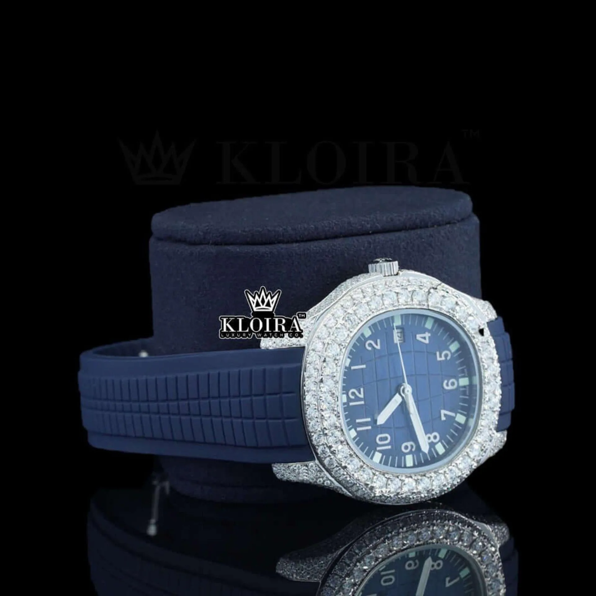 Blue Dial Standard Numerals Semi Iced Out Blue Rubber Strap Moissanite Watch Right Profile View
