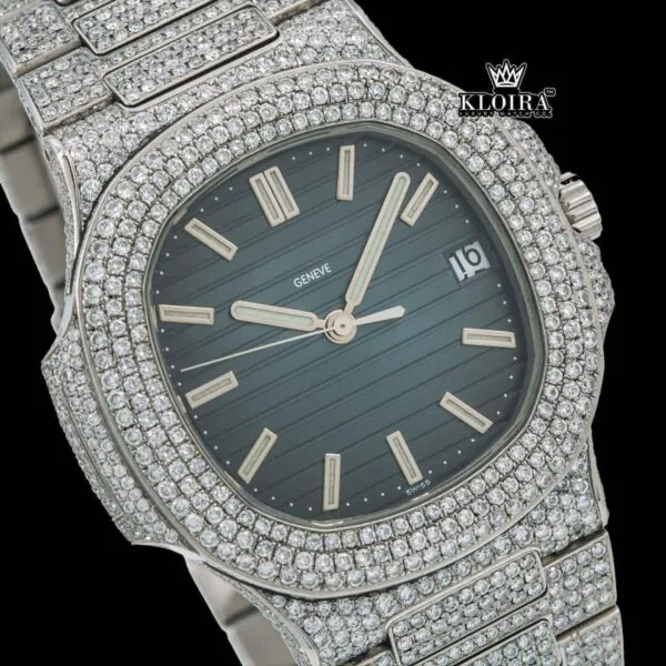 Blue Dial Stick Markers Bust Down Moissanite Diamond Watch Close Up Dial View