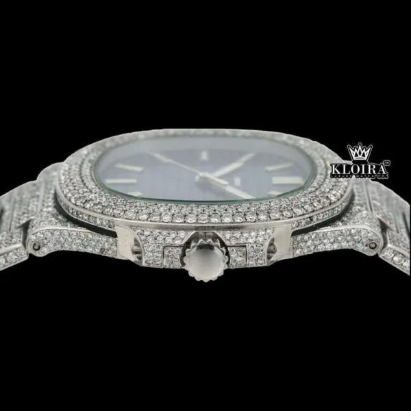 Blue Dial Stick Markers Bust Down Moissanite Diamond Watch Crown View