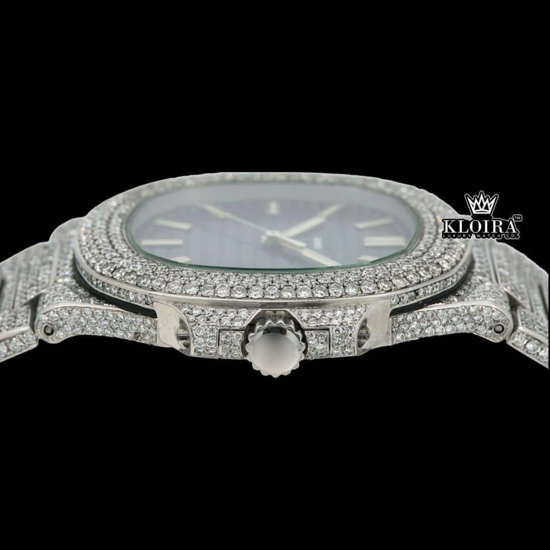 Blue Dial Stick Markers Bust Down Moissanite Diamond Watch Crown View