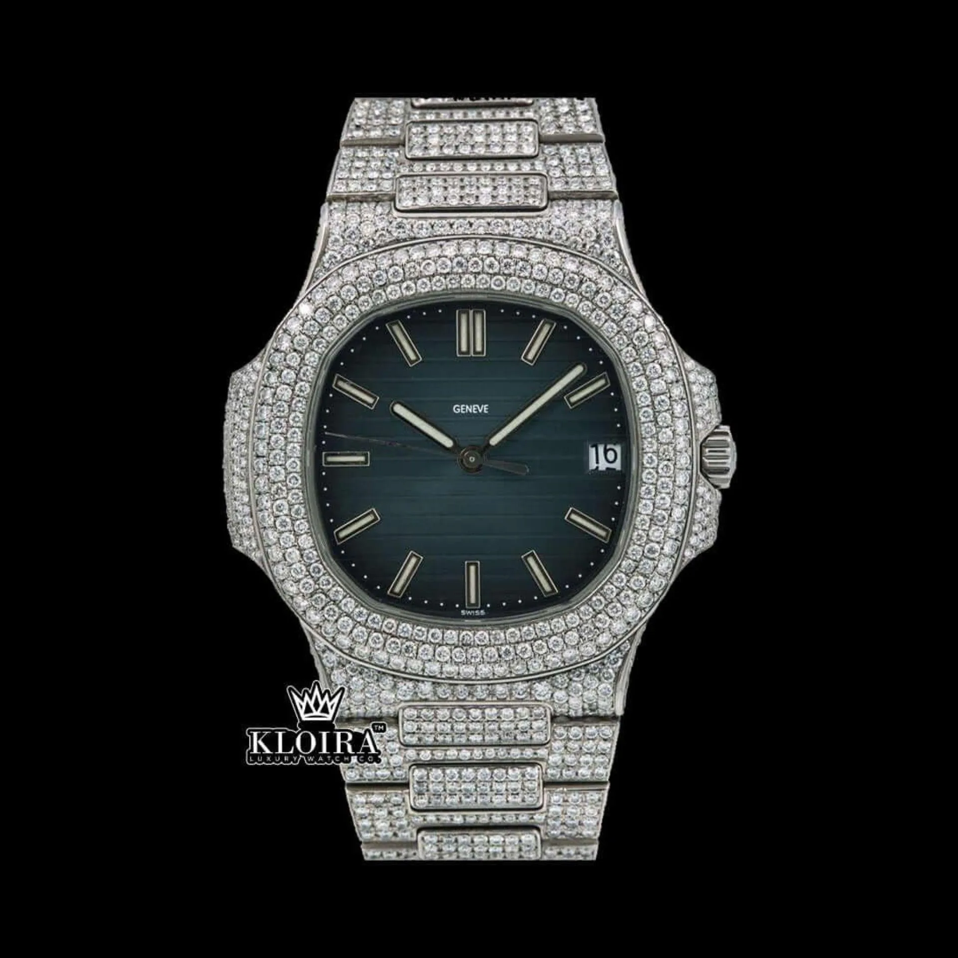 Patik Philippe Blue Dial Stick Markers Moissanite Watch with Iced Bracelet