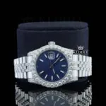 Blue Dial Stick Markers Diamond Link Strap Iced Out Moissanite Watch Close Up Front View