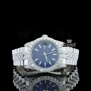 Roles Blue Dial Stick Markers Moissanite Watch with Diamond Bezel