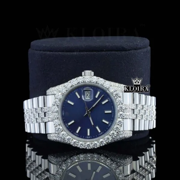 Blue Dial Stick Markers Fully Iced Out White Gold Natural Diamond Watch Close Up Dial View