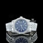 Roles Blue Dial Stick Markers Fully Iced Out White Gold Diamond Watch showcasing its vibrant blue dial and diamond details