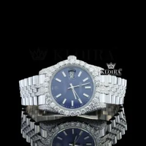 Roles Blue Dial Stick Markers Fully Iced Out White Gold Diamond Watch
