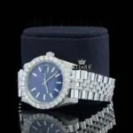 Blue Dial Stick Markers Fully Iced Out White Gold Natural Diamond Watch Left Profile View
