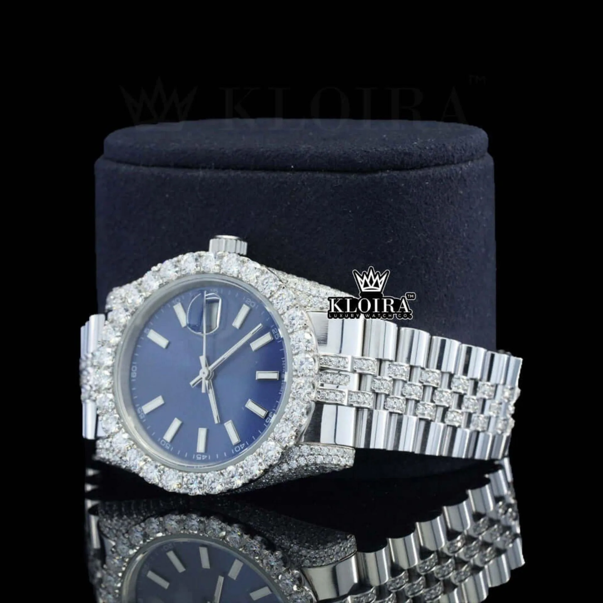 Blue Dial Stick Markers Fully Iced Out White Gold Natural Diamond Watch Left Profile View