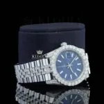 Blue Dial Stick Markers Fully Iced Out White Gold Natural Diamond Watch Right Side View