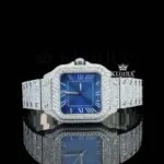 Cartior Blue Dial White Roman Numerals Moissanite Watch with Iced Out Bracelet
