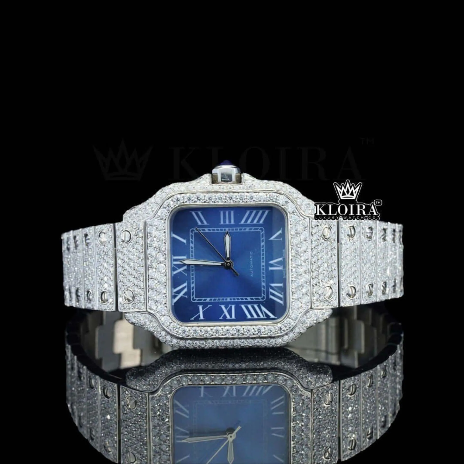 Cartior Blue Dial White Roman Numerals Moissanite Watch with Iced Out Bracelet