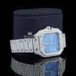 Blue Dial White Roman Numerals Full Iced Out Moissanite Watch Right Profile View