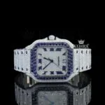 Cartior Moissanite Watch with Blue Diamond Bezel and Roman Dial