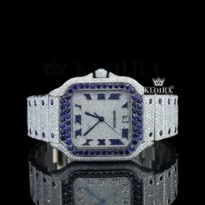 Cartior Moissanite Watch with Blue Diamond Bezel and Roman Dial
