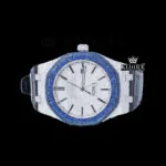 Blue Diamond Bezel Stick Markers Dial Leather Strap Moissanite Watch Close Up Dial View