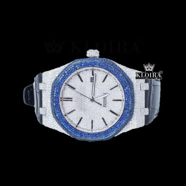 Blue Diamond Bezel Stick Markers Dial Leather Strap Moissanite Watch Close Up Dial View