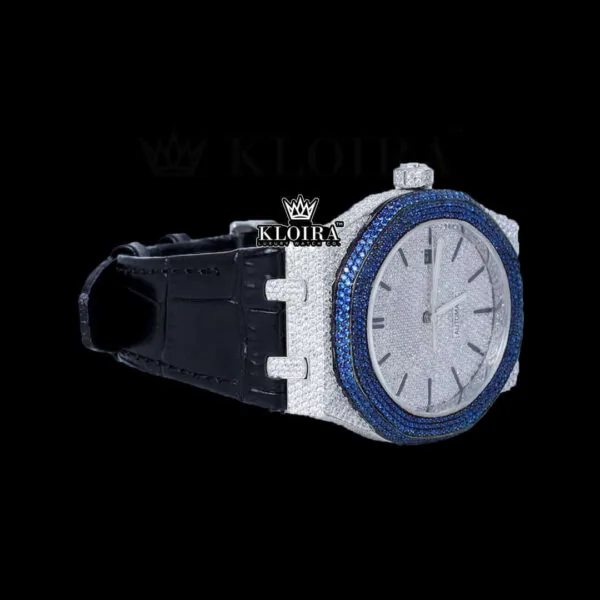 Blue Diamond Bezel Stick Markers Dial Leather Strap Moissanite Watch Right Profile View