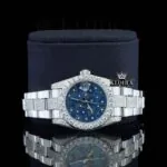 Blue Floral Dial Diamond Markers Fully Iced Out Moissanite Watch Close Up Front View