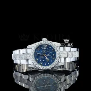 Roles Blue Floral Dial Moissanite Watch with Diamond Markers