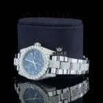 Blue Floral Dial Diamond Markers Fully Iced Out Moissanite Watch Left Profile View