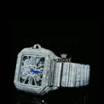 Blue Hands Skeleton Dial Fully Iced Out Baguette Moissanite Watch Left Profile View