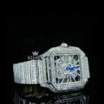 Blue Hands Skeleton Dial Fully Iced Out Baguette Moissanite Watch Right Profile View