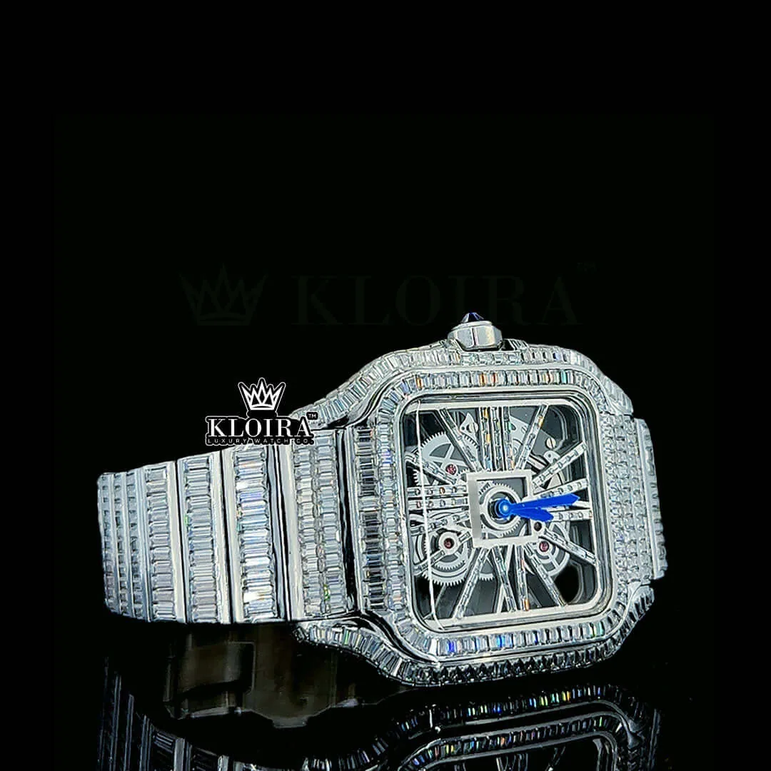 Blue Hands Skeleton Dial Fully Iced Out Baguette Moissanite Watch Right Profile View
