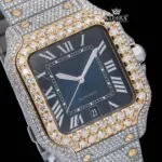 Blue Roman Dial Yellow Gold Bezel Two Tone Moissanite Watch Close Up Dial View