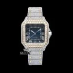 Cartior Blue Roman Dial Two Tone Moissanite Watch with Gold Bezel and Iced-Out Bracelet
