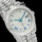 Blue Roman Numerals Dial Baguette Strap Iced Out Moissanite Watch Close Up Dial View