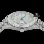 Blue Roman Numerals Dial Baguette Strap Iced Out Moissanite Watch Crown View