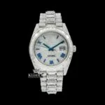 Roles Blue Roman Numerals Dial Baguette Strap Iced Out Moissanite Watch