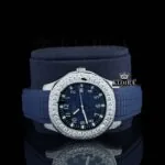 Blue Rubber Strap Blue Dial Semi Iced Moissanite Diamond Watch Close Up Front View