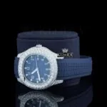 Blue Rubber Strap Blue Dial Semi Iced Moissanite Diamond Watch Left Profile View