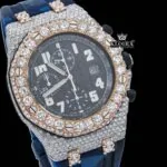 Blue Rubber Strap Two Tone Chronograph Moissanite Watch Close Up Dial View