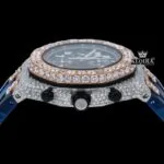 Blue Rubber Strap Two Tone Chronograph Moissanite Watch Crown View