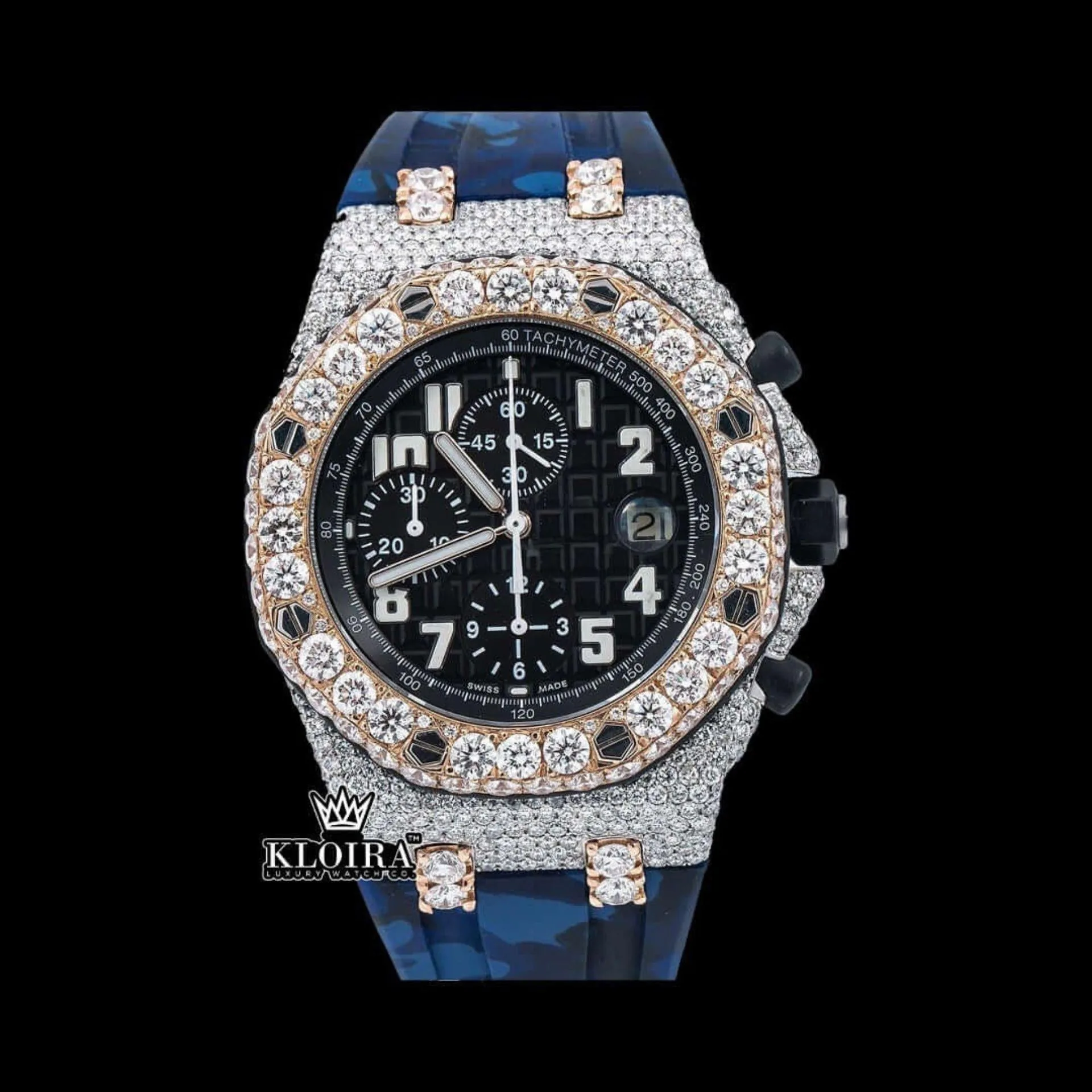 AP Royal Oak Offshore Blue Rubber Strap Two Tone Chronograph Moissanite Watch with black dial and gold accents