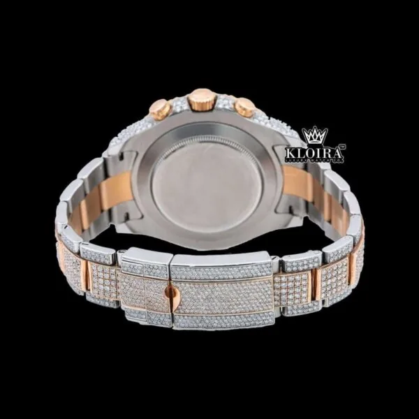 Blue Standard Numerals Sub Dial Two Tone Iced Out Moissanite Watch Caseback View