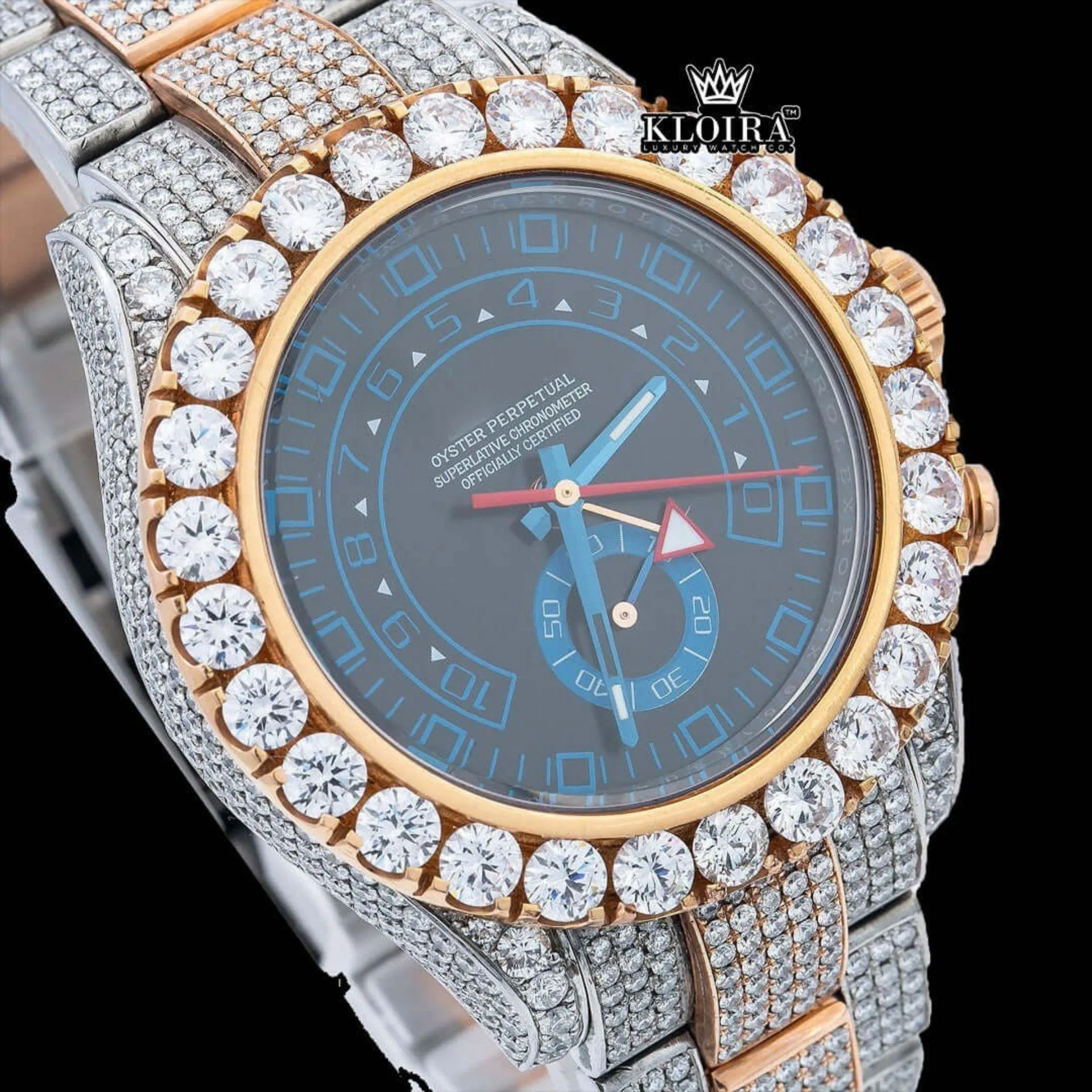 Blue Standard Numerals Sub Dial Two Tone Iced Out Moissanite Watch Close Up Dial View