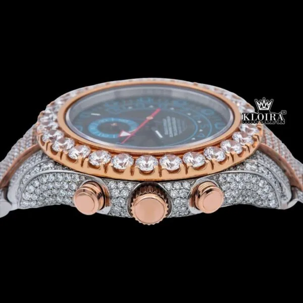 Blue Standard Numerals Sub Dial Two Tone Iced Out Moissanite Watch Crown View