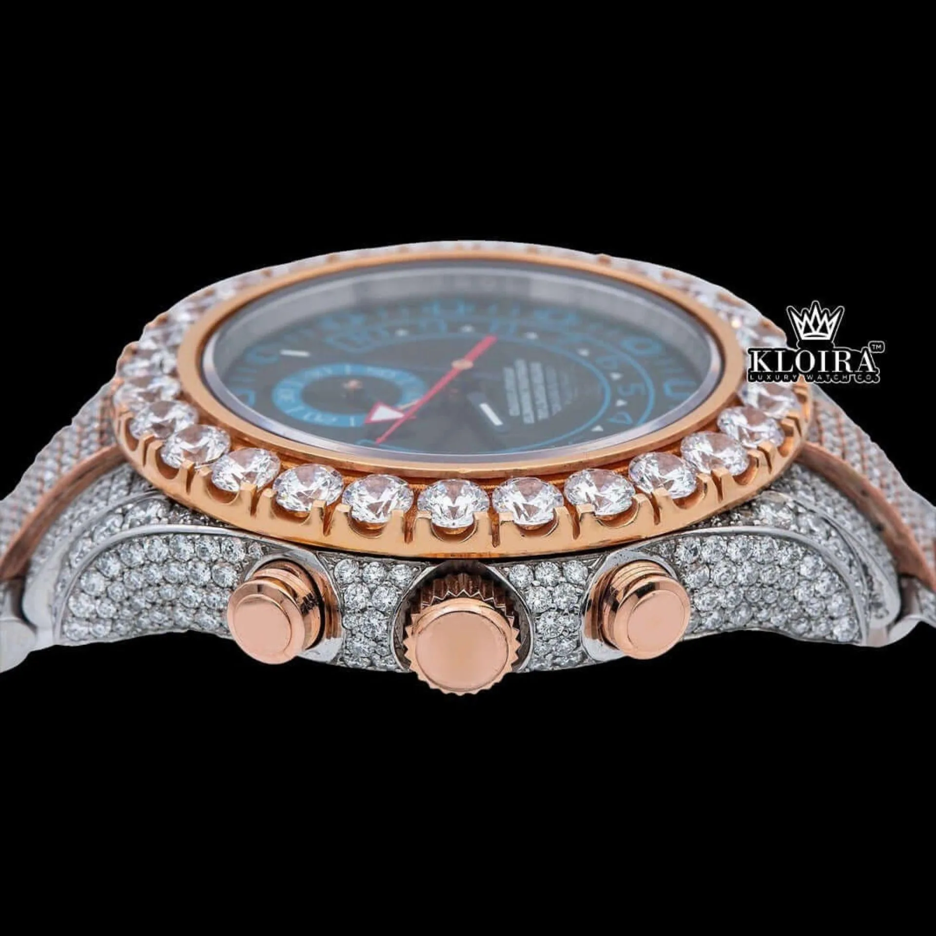 Blue Standard Numerals Sub Dial Two Tone Iced Out Moissanite Watch Crown View