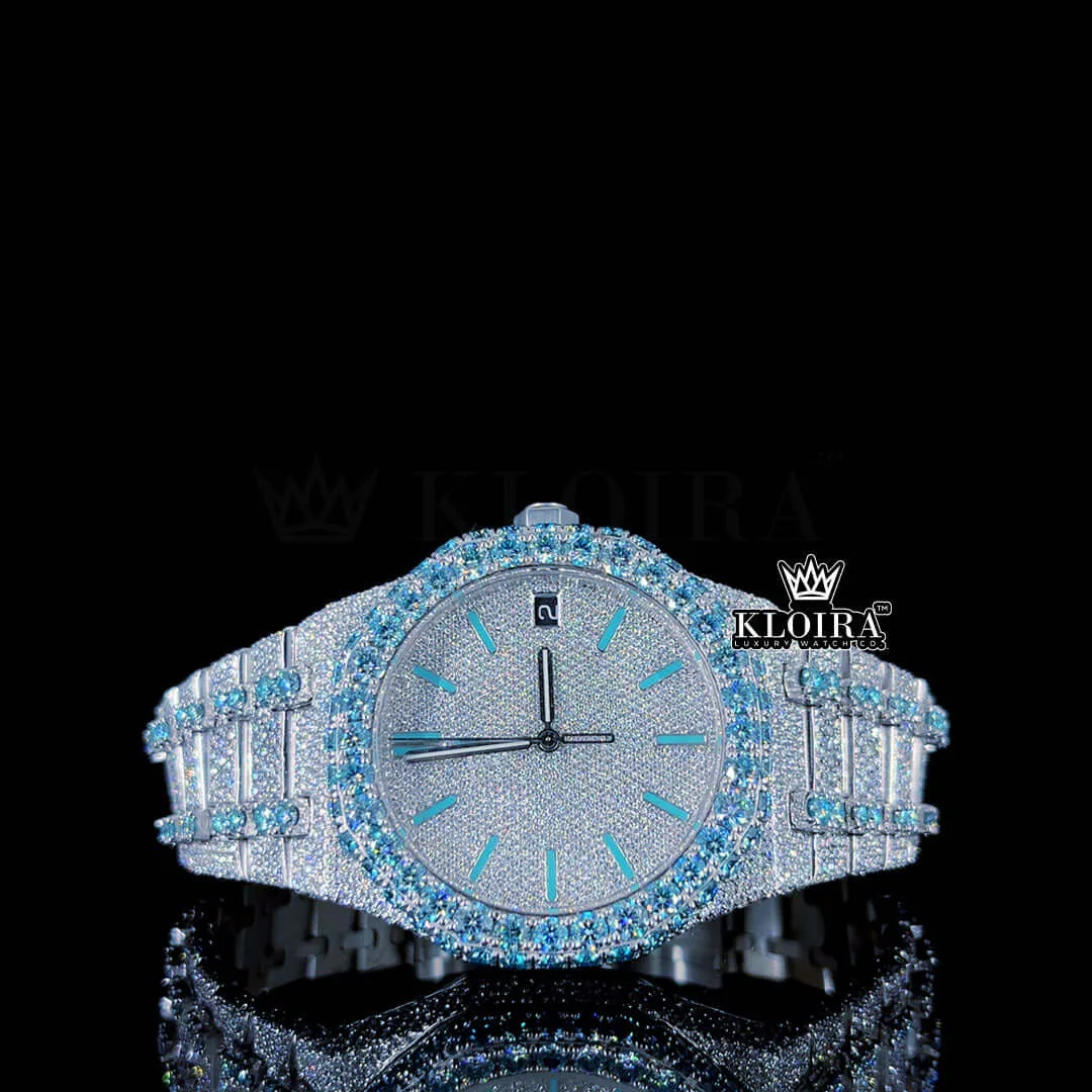 AP Royal Oak Two Tone Iced Moissanite Watch with White Dial and Blue Stick Markers