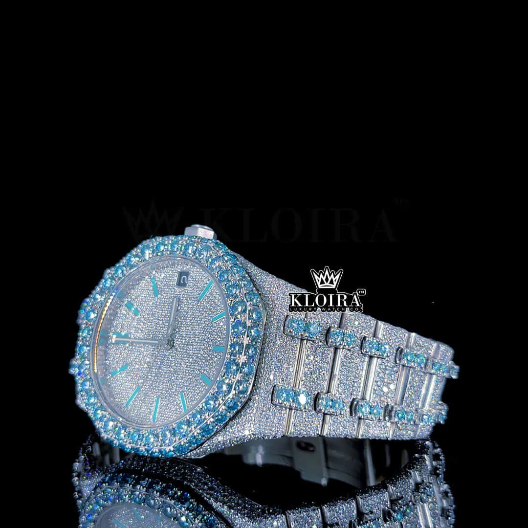 Blue Stick Markers Whitw Dial Two Tone Iced Moissanite Diamond Watch Left Profile View