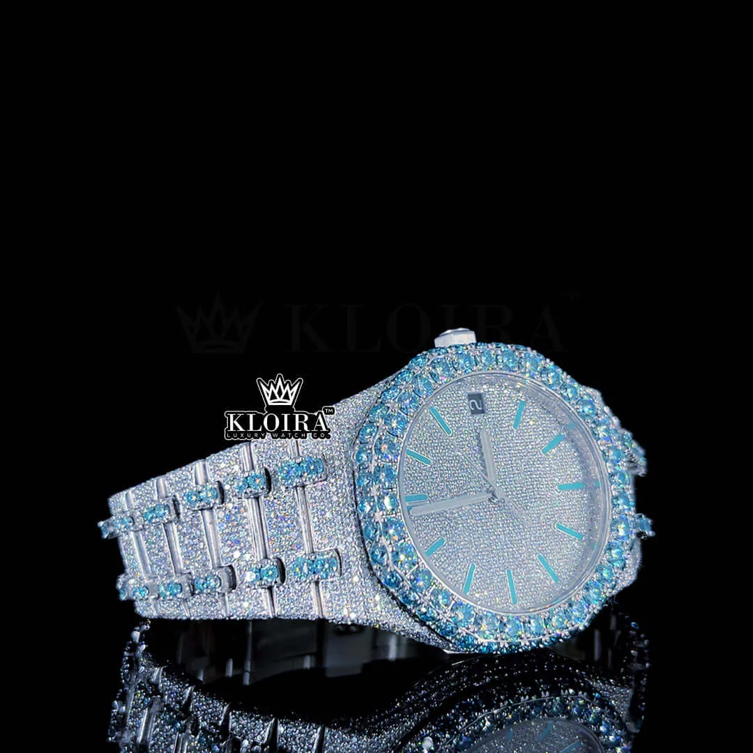 Blue Stick Markers Whitw Dial Two Tone Iced Moissanite Diamond Watch Right Profile View
